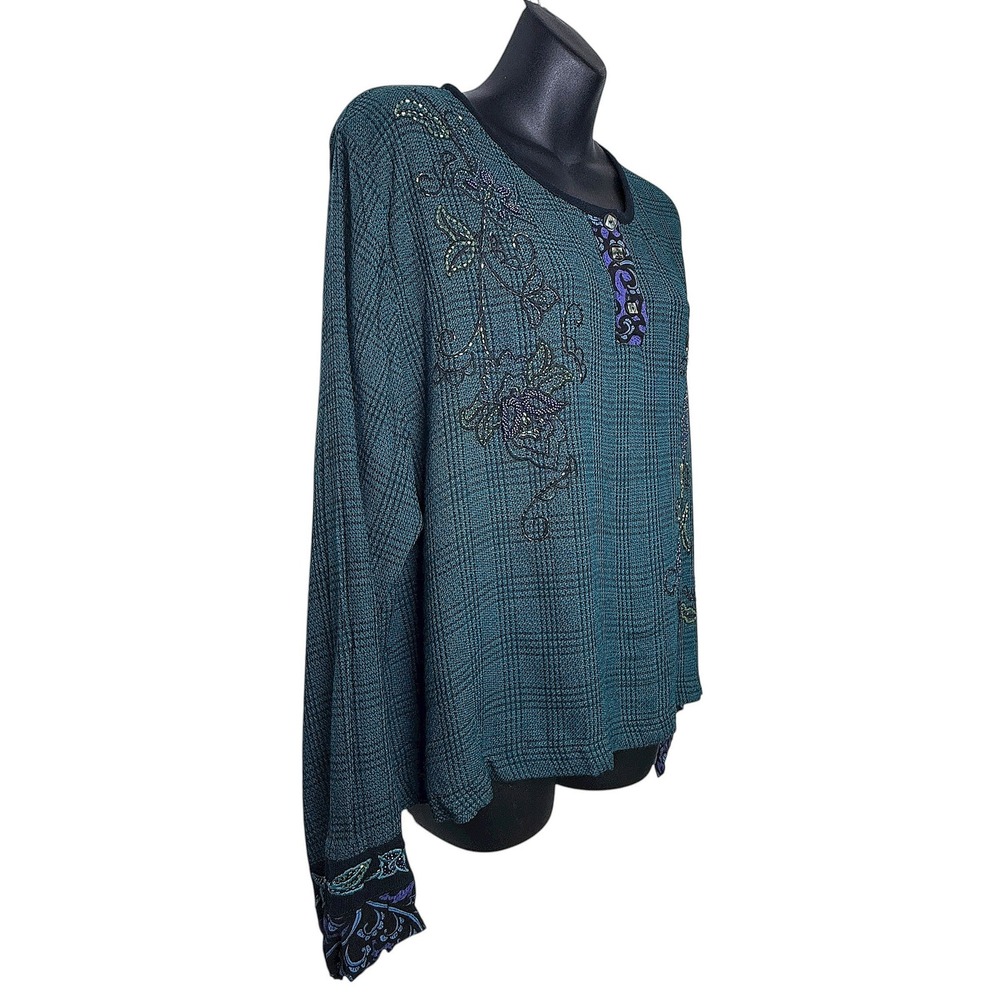 Faith by Celia Forrester Womens Embroidered Beaded Plaid Long Sleeve Tunic XL - Picture 6 of 11